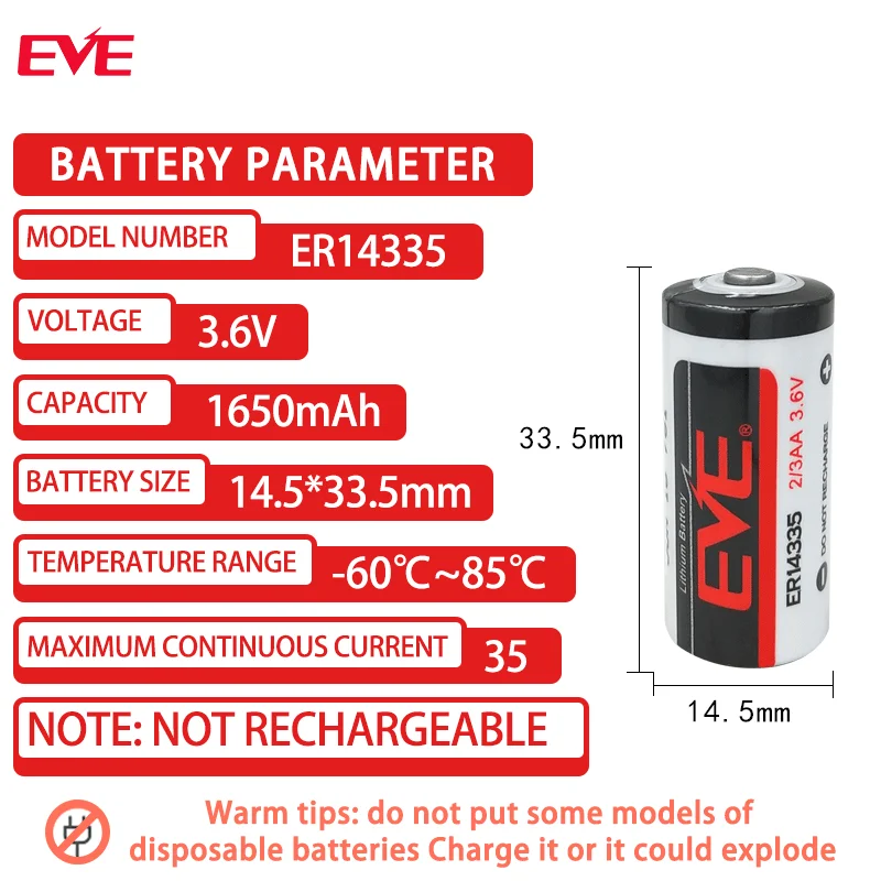 ER14335 2/3AA size 1650mAh 3.6V primary lithium battery for gas detector float life jacket temperature recorder