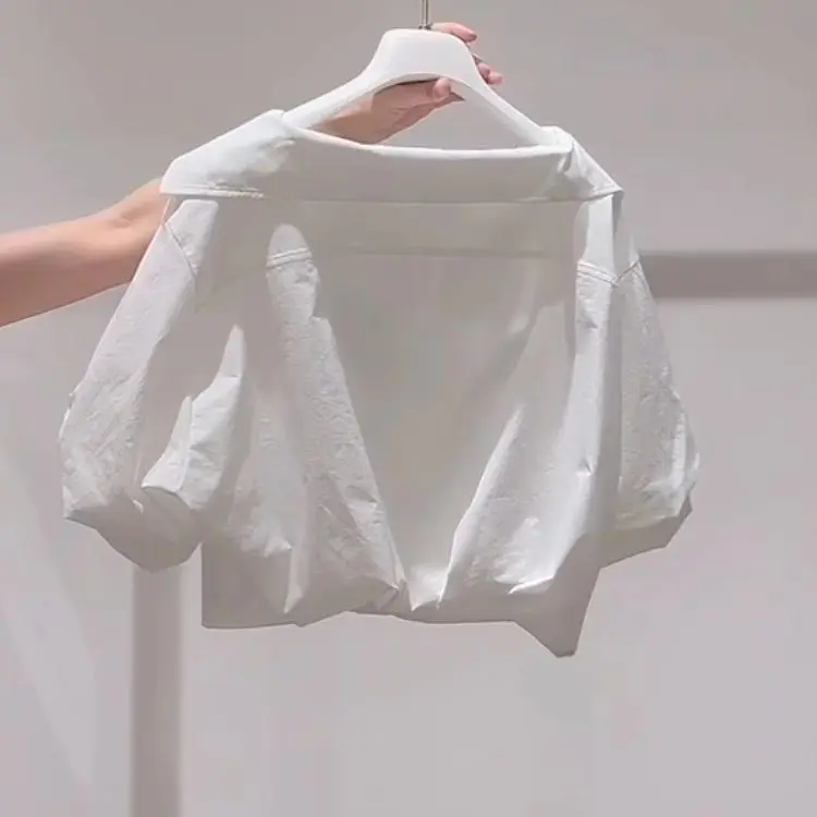 라펠 버블 슬리브 셔츠 여성 루즈핏 크롭 탑