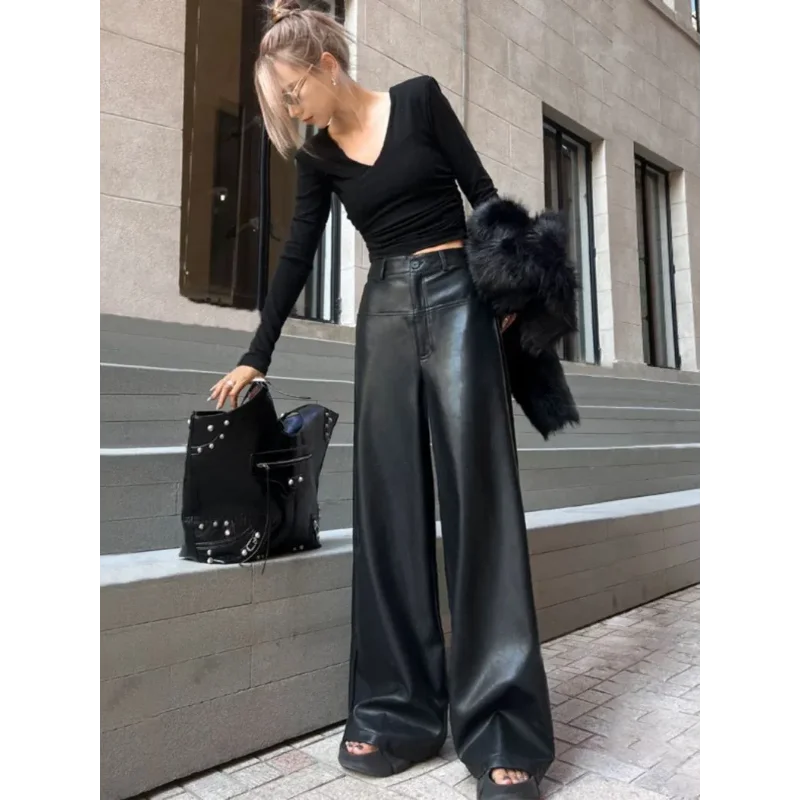 

Black Faux Leather High Waisted Wide Leg Pants Loose Fit Casual Women's Fashion Trousers Stylish Daily Bottoms
