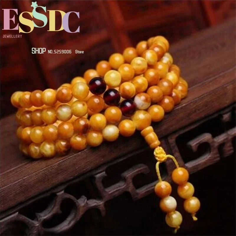 Natural 8mm Baltic Chicken Oil Yellow Beeswax Beads  Trendy Multi Circle Buddhist 108 Mala Prayer Bracelets Wholesale