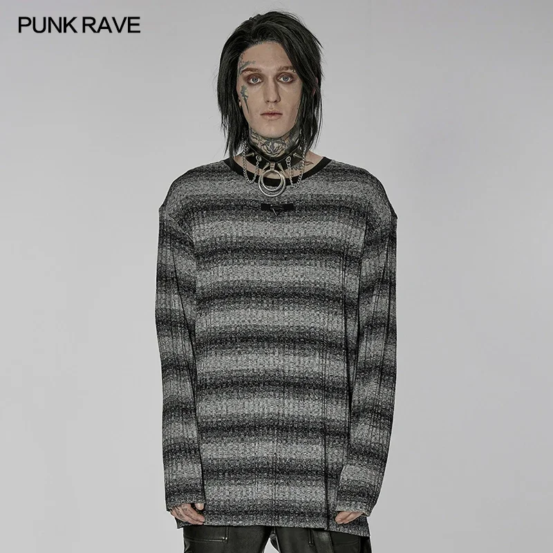 PUNK RAVE Men\'s Punk Daily Simple Loose Stripe Sweater Fashion Cool Street Tops Metal Buckle Decoration Four Colors