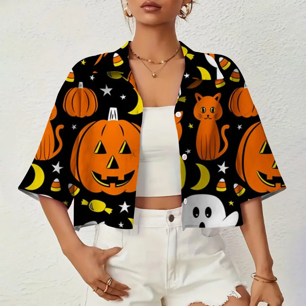 Halloween Style Women\'s Lapel Shirt Women\'s New Holiday Casual Fashion Short Shirt 3D Printing Crafted Loose and Comfortable