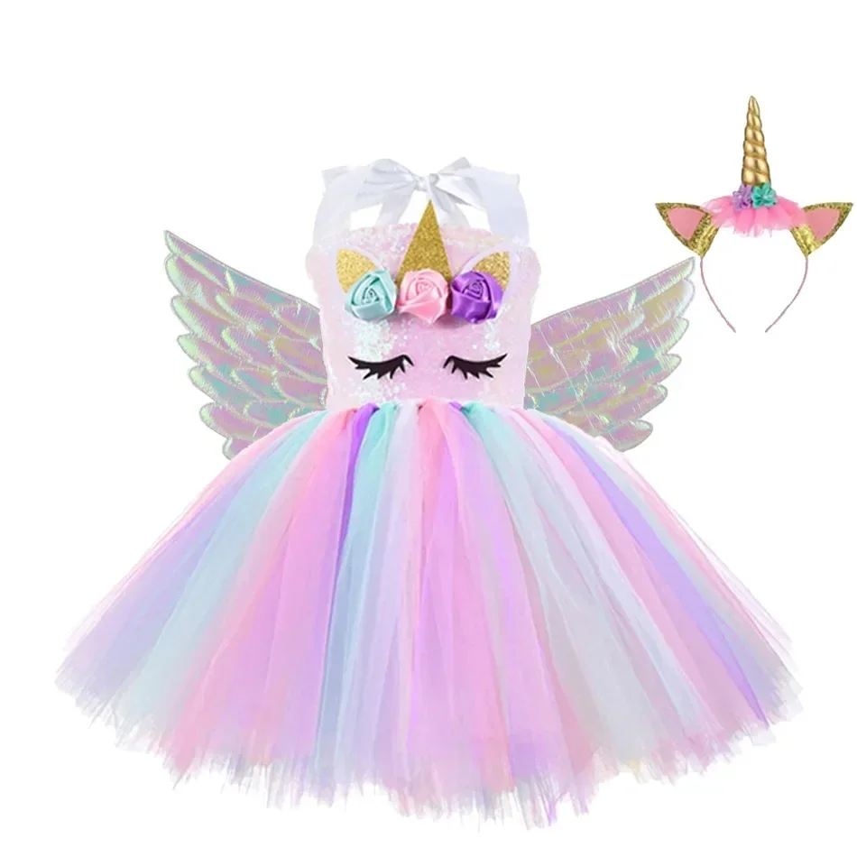 Princess Girls Unicorn Tutu Dress Outfits Pastel Flower Baby Girl Birthday Party Dresses Tulle Kids Halloween Cosplay Costumes