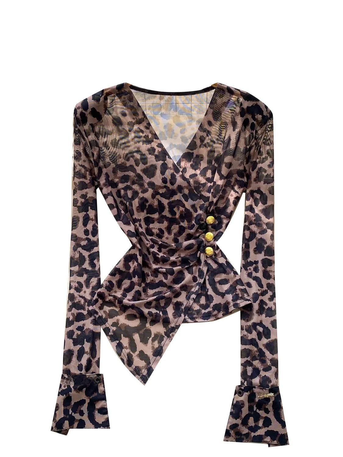 Cross V-ne Long Sve Leopard Print Me Top Donna Autunno Faion Design Dimagrante T-shirt asimmetrica Traspirante Comodo...