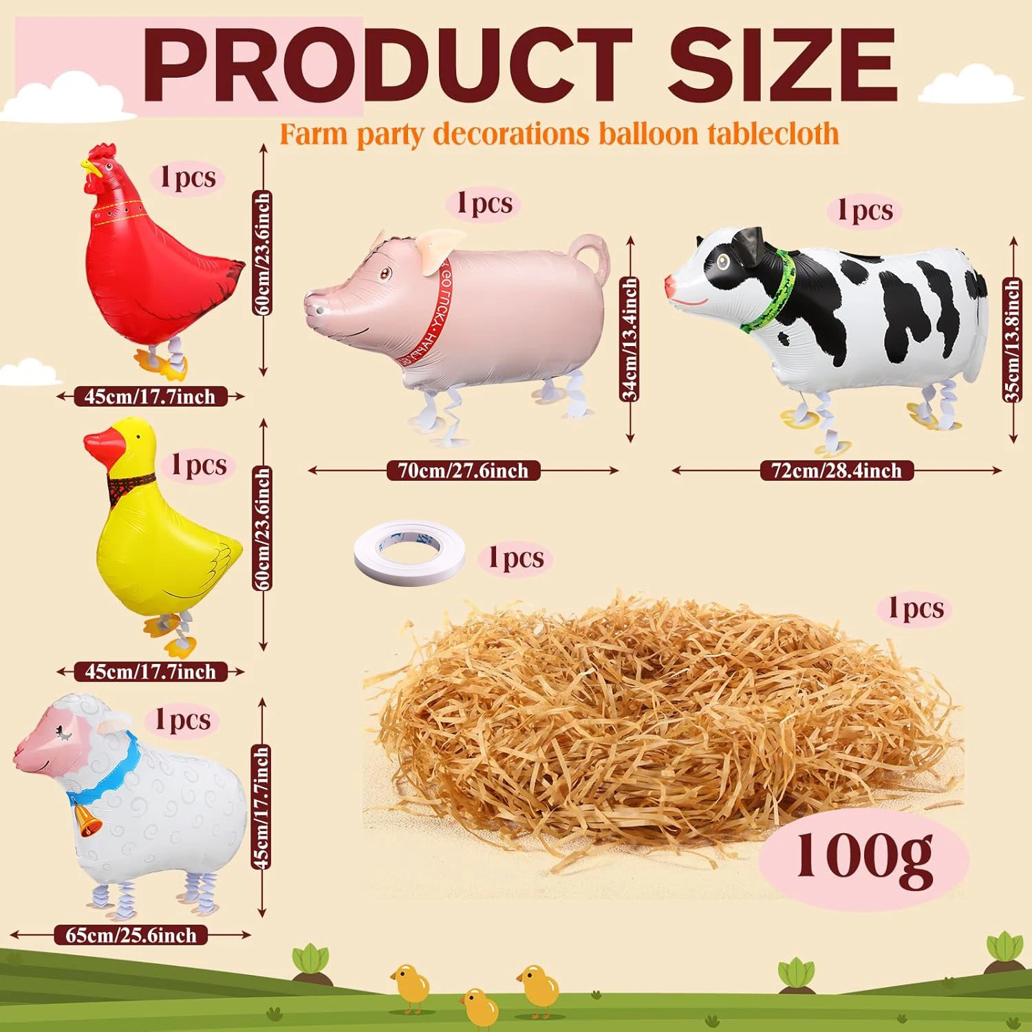 Farm Animal Helium Balloons - Cow Chicken Sheep Pig Duck with Raffia Grass for Birthday Party Decorations view 4