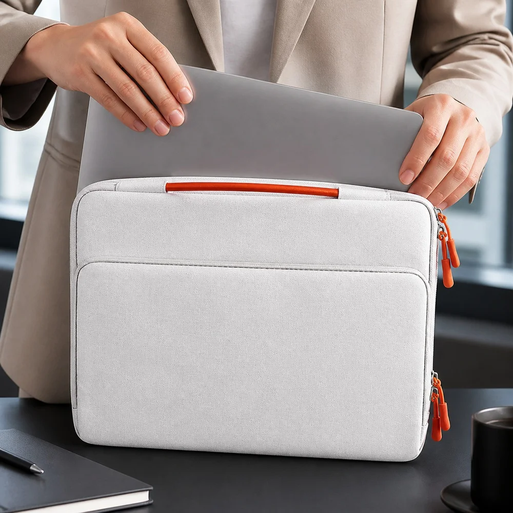 Laptop Carry Bag, Polyester Padded Briefcase, Zipper Closure, Carry Handles, Luggage Strap, Notebook Travel Storage Organizer