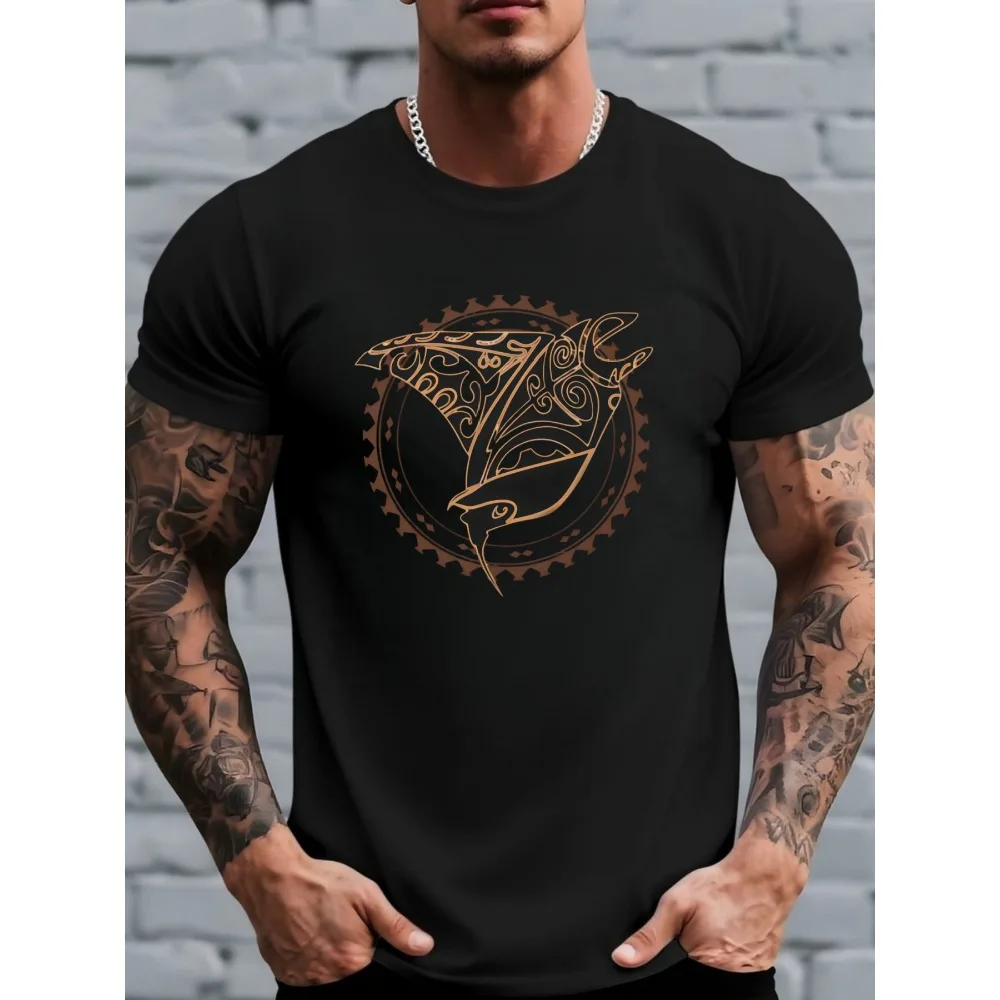 

Men'S Tribal Manta Ray Print T-Shirt, Polynesian Stingray Tattoo Style Crew Neck Top, Breathable And Comfortable Short Sleeves, Casual Marine Style Streetwear