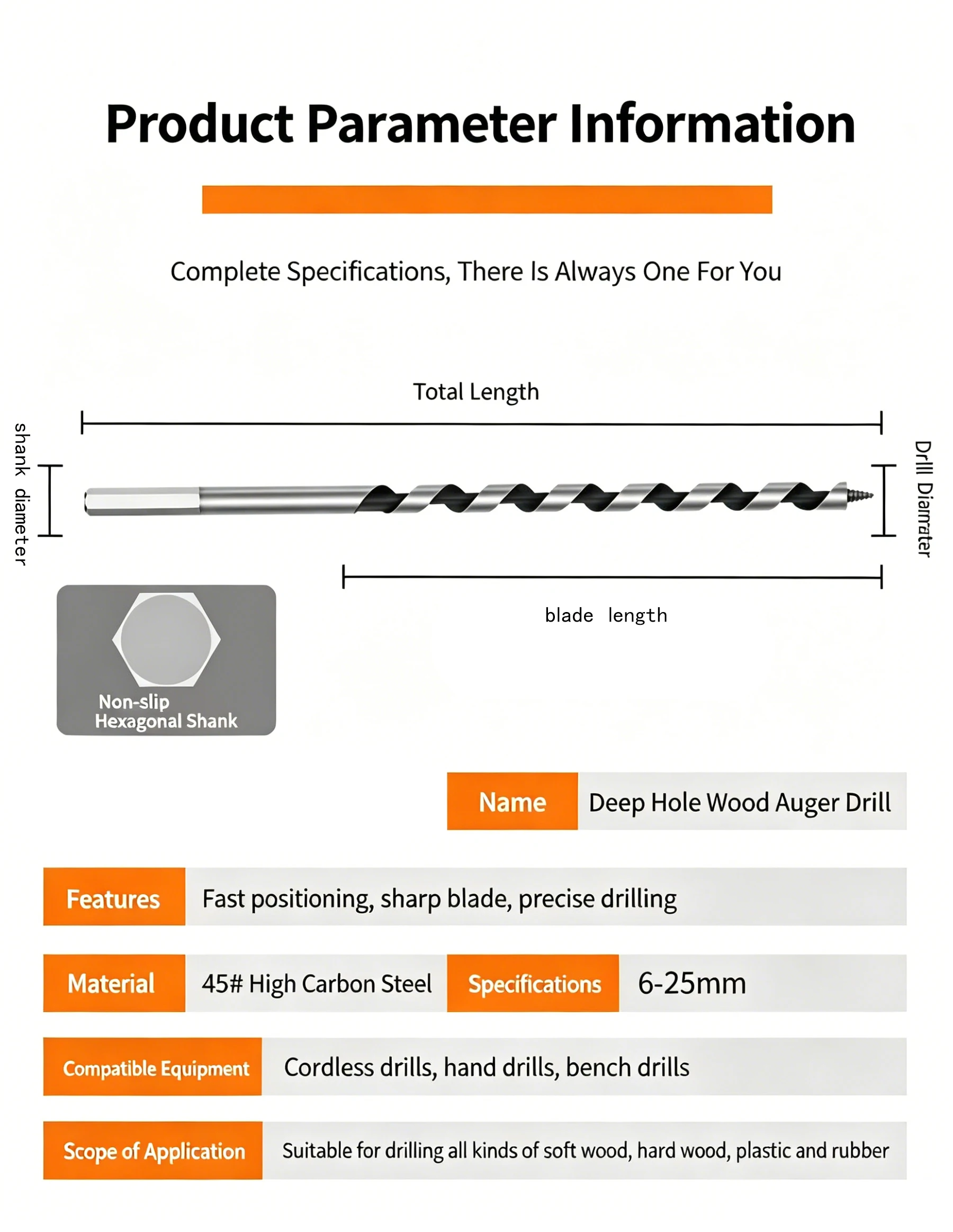 Extra Long Auger Drill Bit 230mm Hex Shank Wood Spiral Drill Bit for Wood Drilling 6-35mm