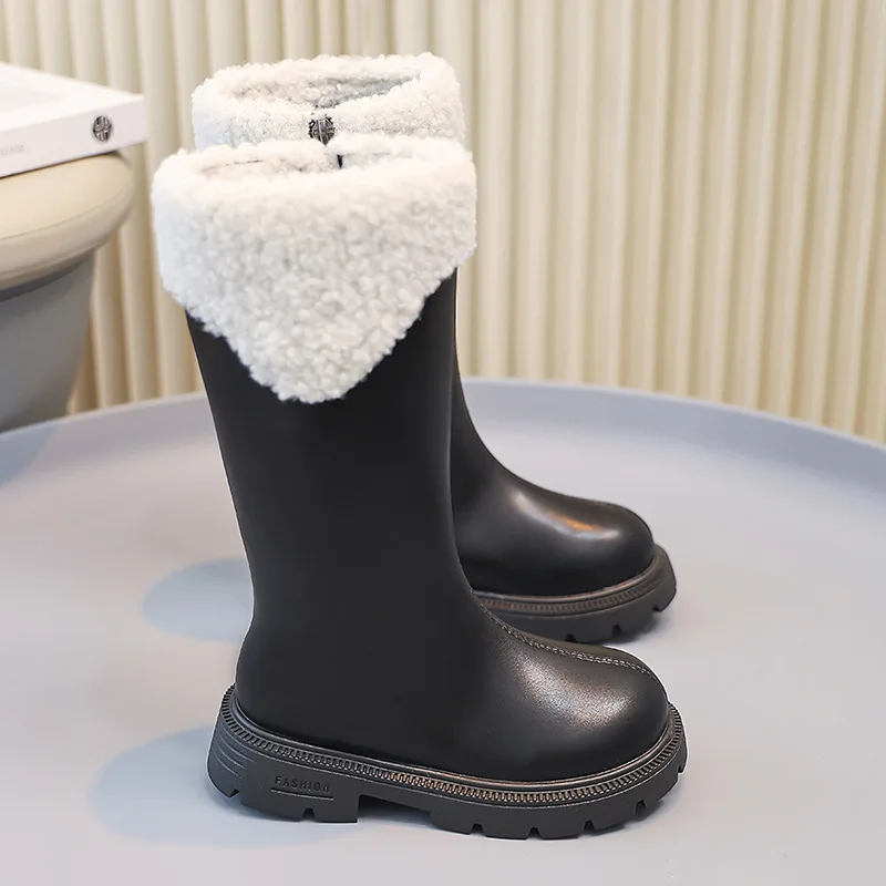 Picture 4: Girls Side Zipper Waterproof Riding Boots 2026 Fall Winter New Faux Fur Lined Princess Boots for Kids Non-Slip Warm Long Boots
