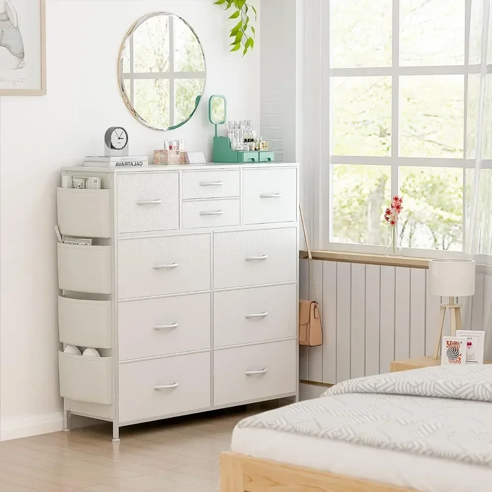 Dresser for Bedroom with Drawers, Chest of Drawers with Side Pockets , PU Storage Dresser