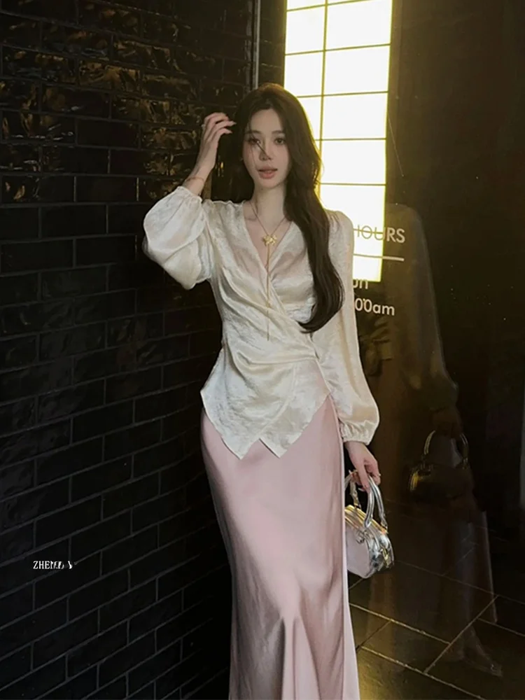 

XZY Ele plus Size Women's V-Ne Long Sve Asymmetrical Skirt Set Fi Tail Bodycon Top Early Autumn Faion Ensemble