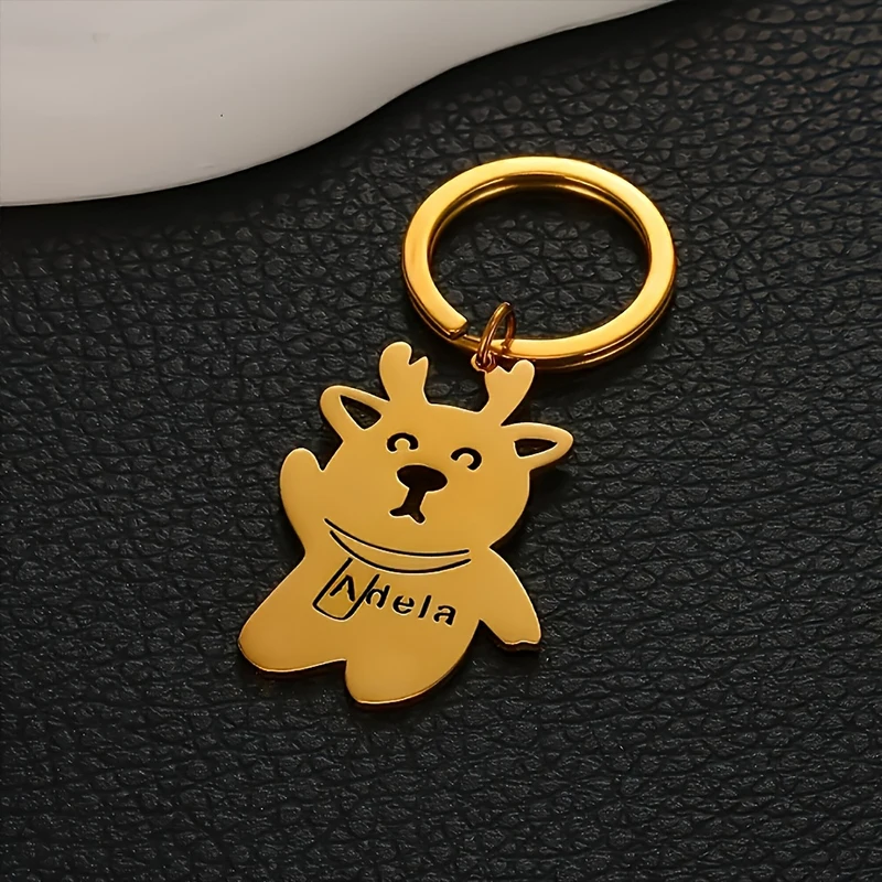 Personalized Christmas Keychain Gold Stainless Steel Reindeer Design Customized Any Photo Hand Draw Fashion Christmas Decoration