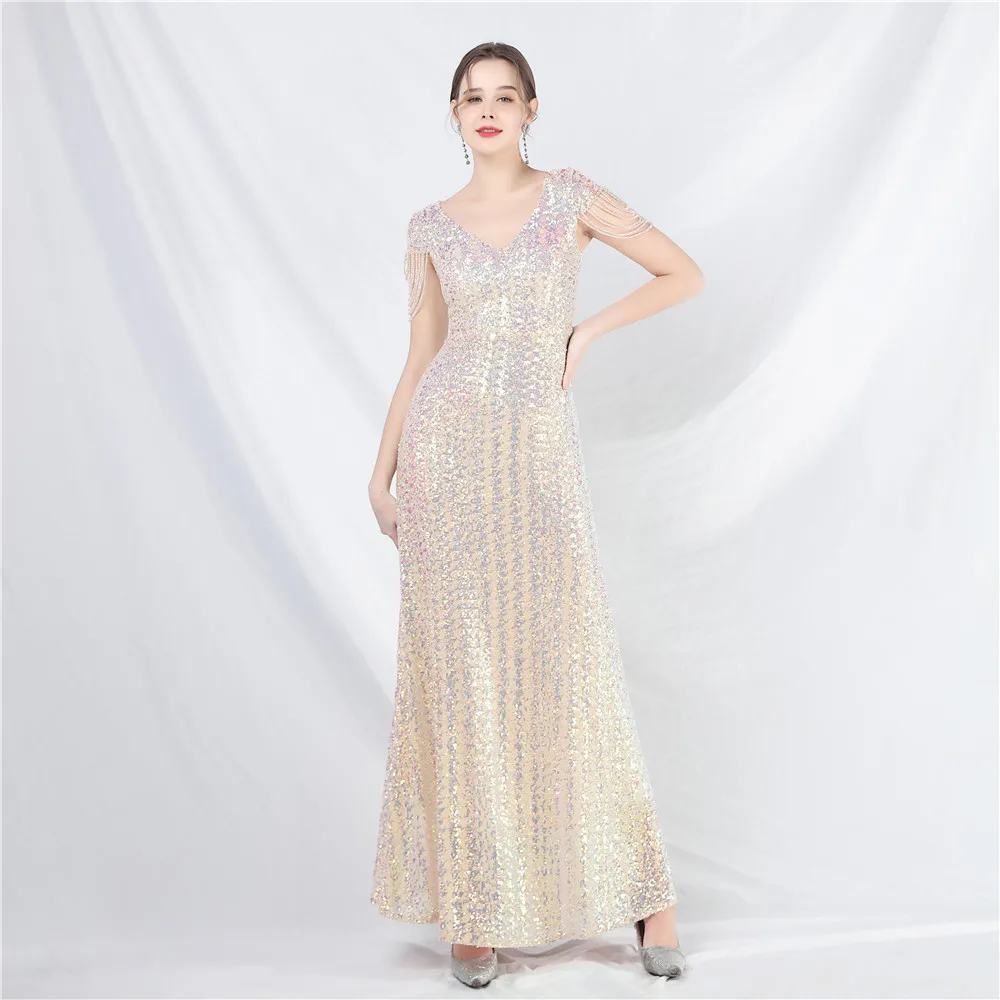 

V Neck Short Sleeves Apricot Long Evening Dress Woman'S Elegant Bling Sequin Beaded Party Ball Gown Special Occasion Dresses