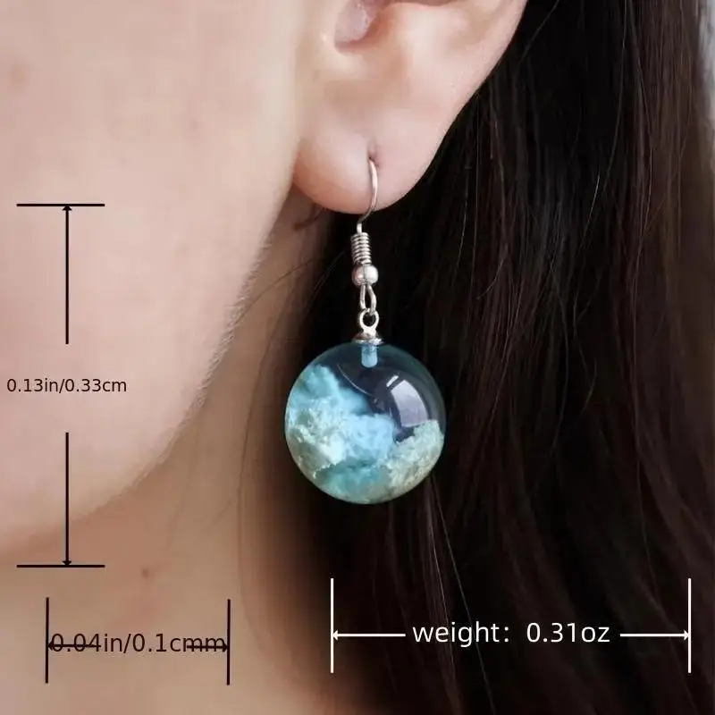 New Nightlight Planet Blue Sky White Cloud Forest Style Transparent Spherical Resin Fashion Earrings for Men and Women