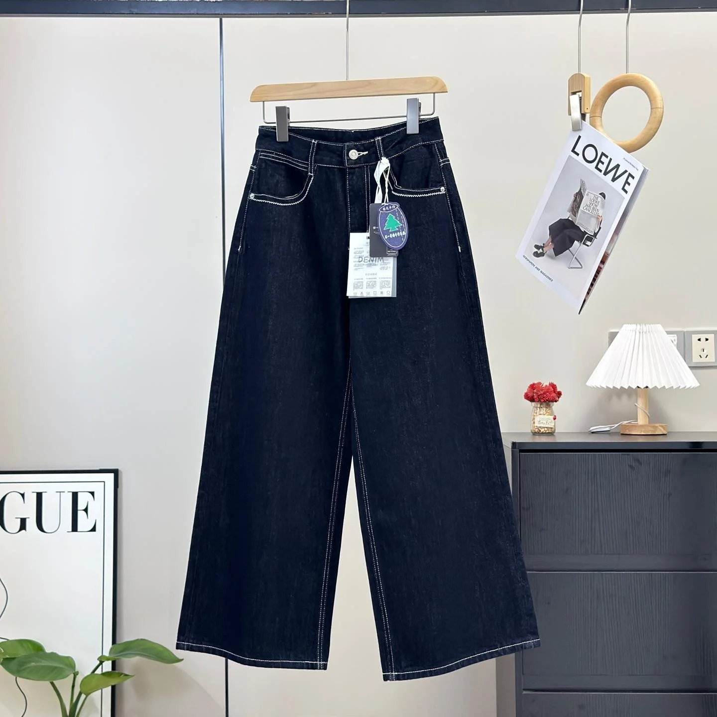 Retro High Waist Silver Wave Decorative Embroidery Anti-Fading Commute Wide Leg Jeans Nine-Piece Pants for Ladies Cotton Zipper