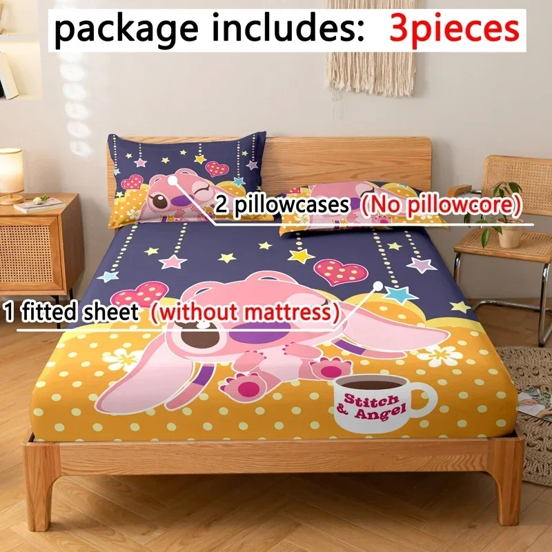 3-piece cartoon anime Stitch pattern matte three piece fitted sheet set, bedroom printed bed cover set, bedding