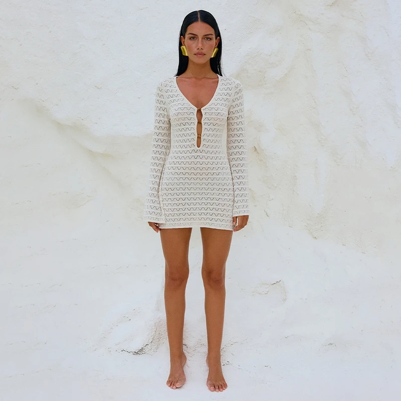 Para Praia-Robe de plage à manches longues, chemise ajourée, cover-up, sexy, vêtements de plage, été, 2025