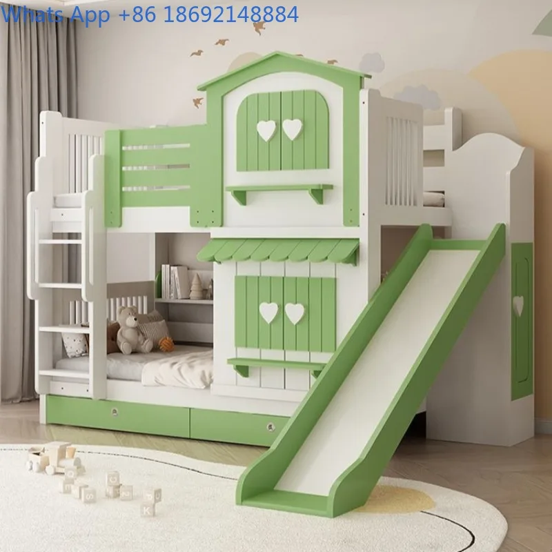 Girls' Double Layer Bed Pink Princess Style Castle Bed with Slide Multi-Functional Bunk Bed