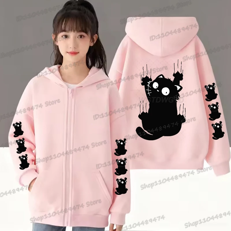 

Kids Fun Cat Zip Up Hoodie Cartoon Animal Print for Outdoor Casual Style Comfortable Streetwear Autumn Winter New Sportswear