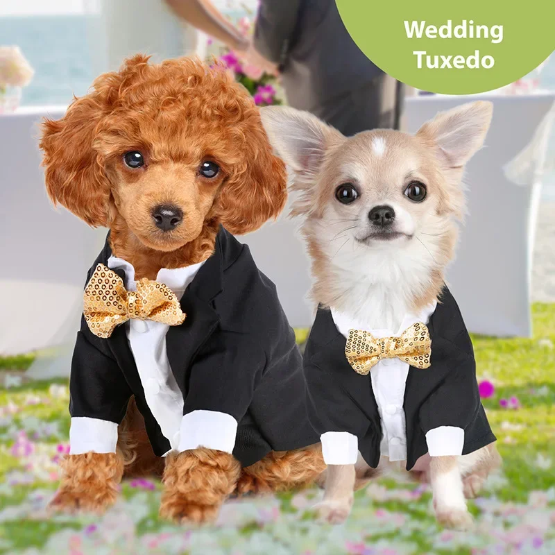 Gentleman Dog Western-style Clothes Wedding Suit Formal Shirt For Small Dogs Gold Sequins Tuxedo PartyPuppy Costume For Cats