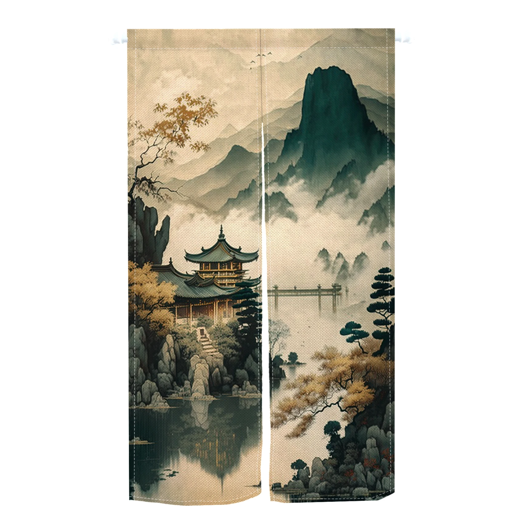 Ink Painting Door Curtain Sun Cloud and Mist Mountain Japanese Linen Curtain Kitchen Partition Hanging Decoration Half Curtain