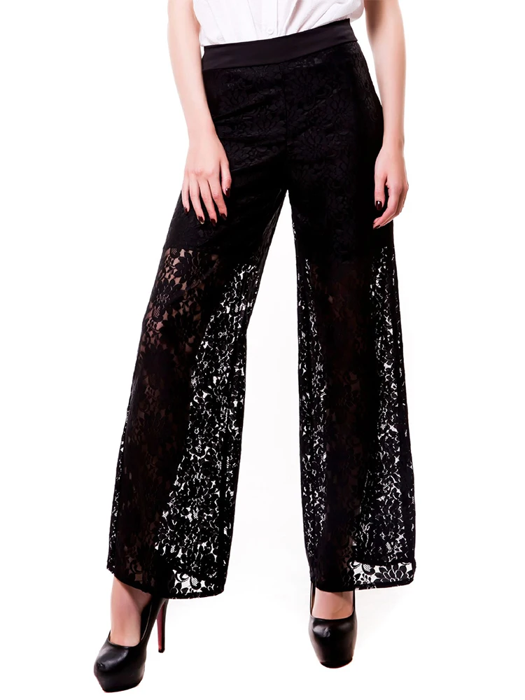 HOUZHOU Sexy Lace Pants Women Black High Waist Wide Leg Trousers Female Vintage Harajuku Hippie Punk Grunge Streetwear Y2k Pants