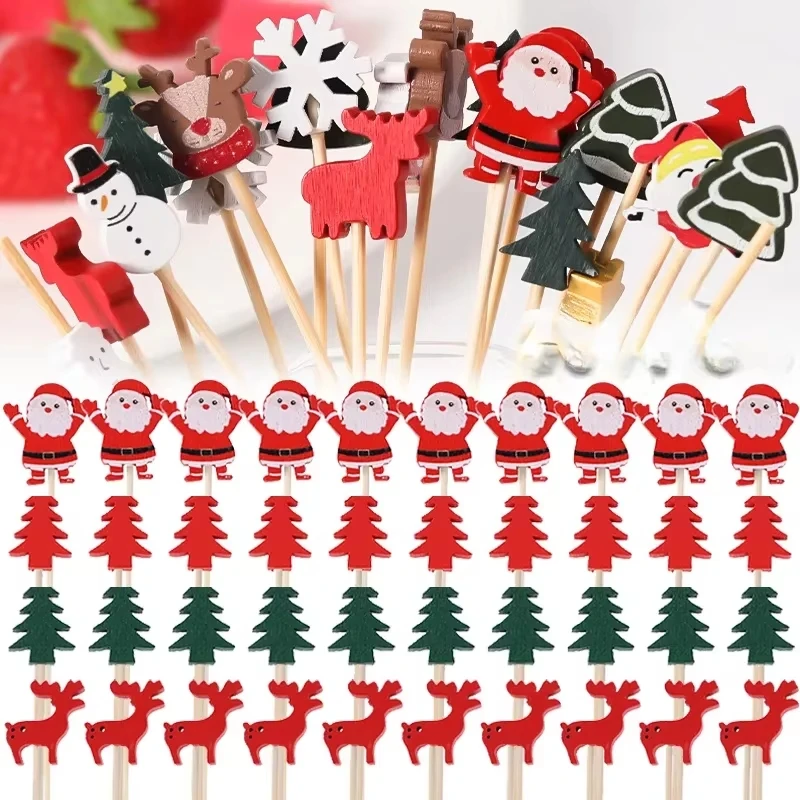 50 pz Natale Bambù Spiedino Cocktail Picks Cupcake Topper Cibo Usa E Getta Dessert Stuzzicadenti Bastoncini di Frutta Rifornimenti Del Partito