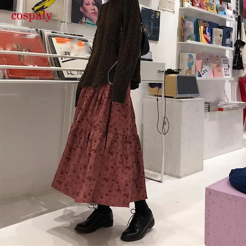 A Lucyever High Waist Autumn Winter Long Skirts Women Elegant Flower Printed Midi Skirt Female Vintage Streetwear Pleated Skirt