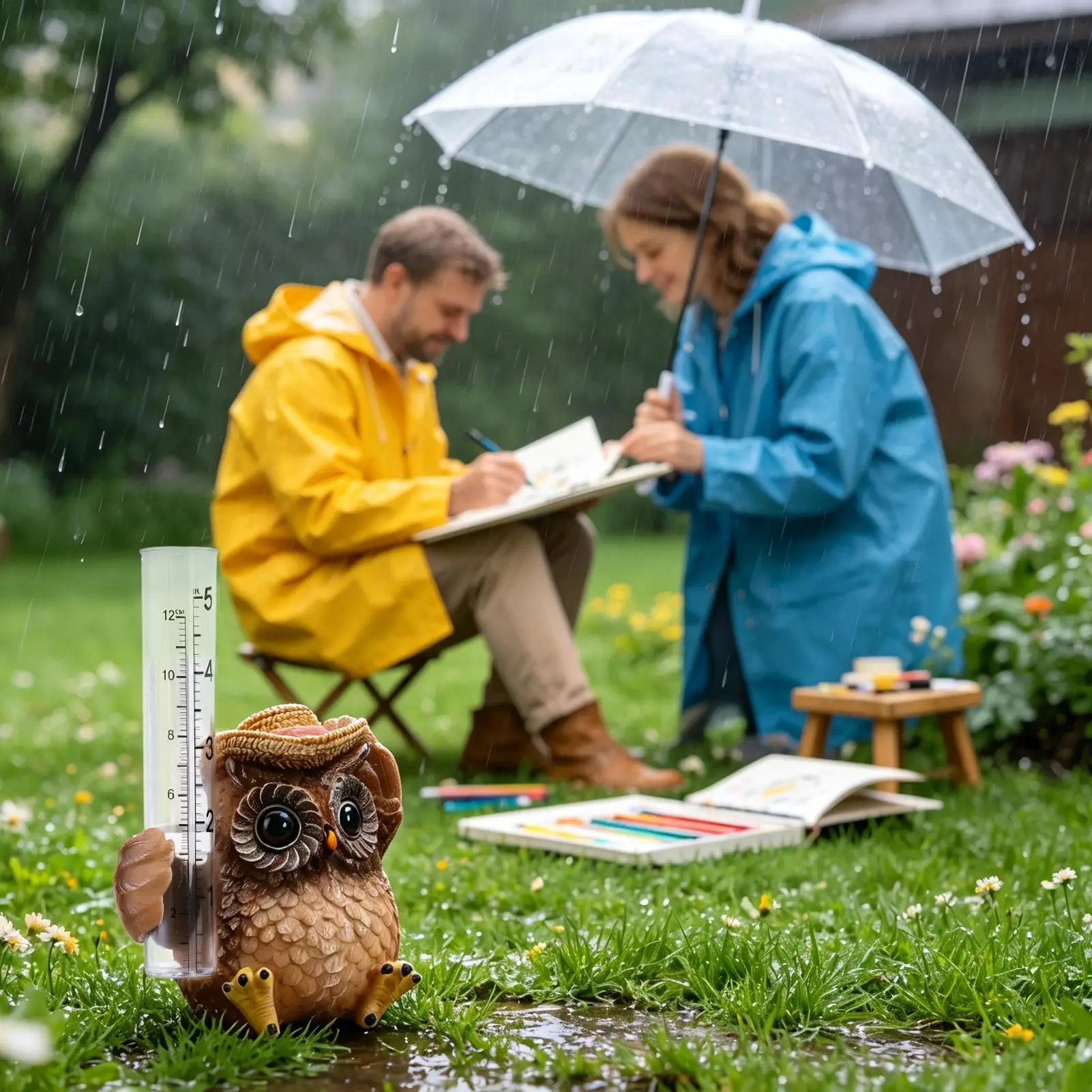rain gauge outdoor precipitation measuring device owl resin decorative statue landscape supply for courtyard lawn terrace