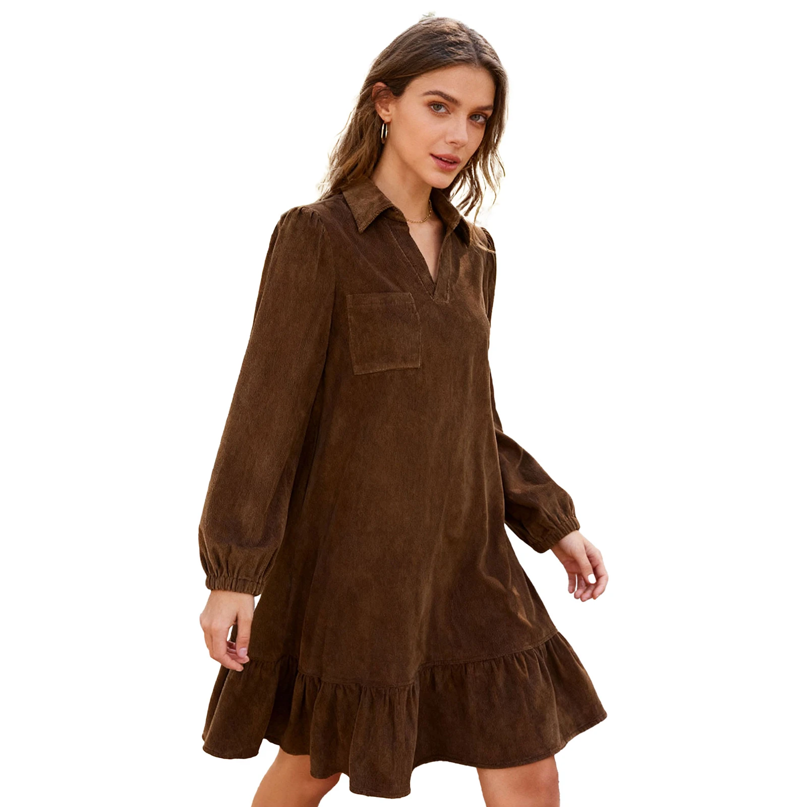 

Womens Corduroy Dress Lapel V Neck Long Sleeve Chest Pocket Ruched Hem Loose Dress Babydoll Dress for Office Shopping Dating