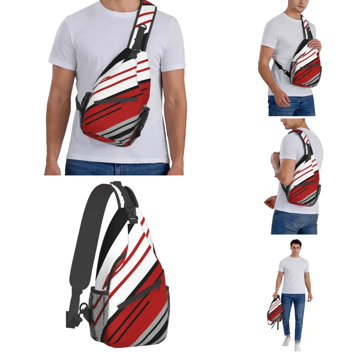 Diagonal Stripes Red Abstract Small Sling Bag Chest Crossbody Shoulder Sling Backpack Outdoor Sports Daypacks Geometric Pattern