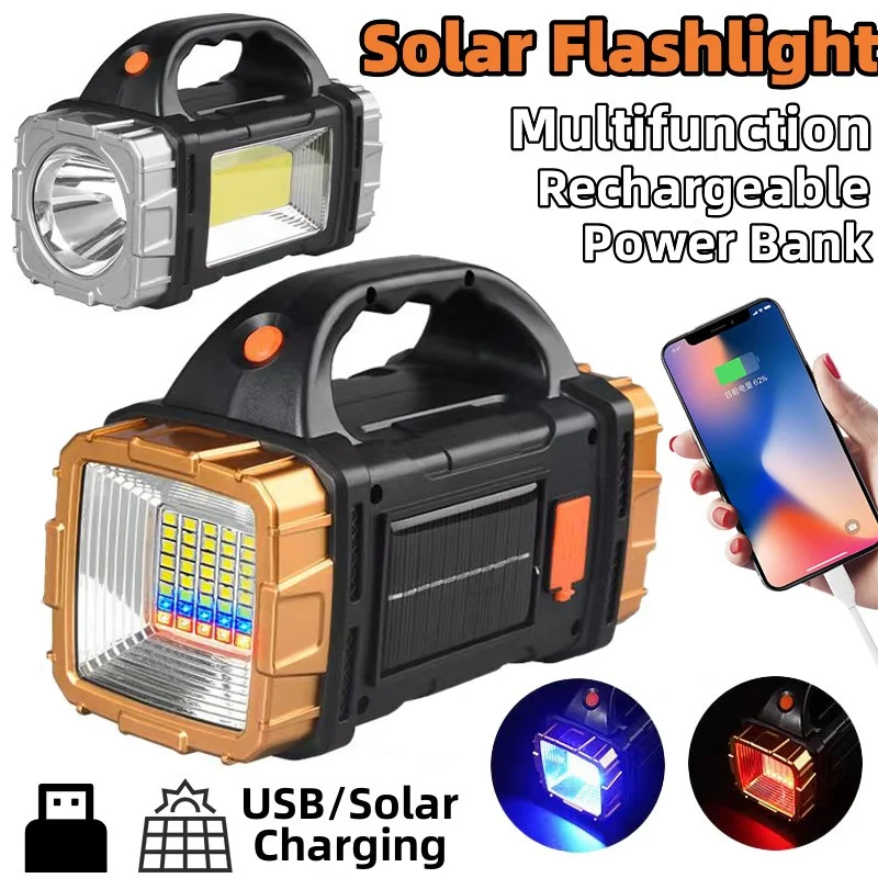 Solar Flashlight High Lumens Rechargeable Outdoor Waterproof Spotlight LED Work Light Searchlight Lantern for Camping Emergency