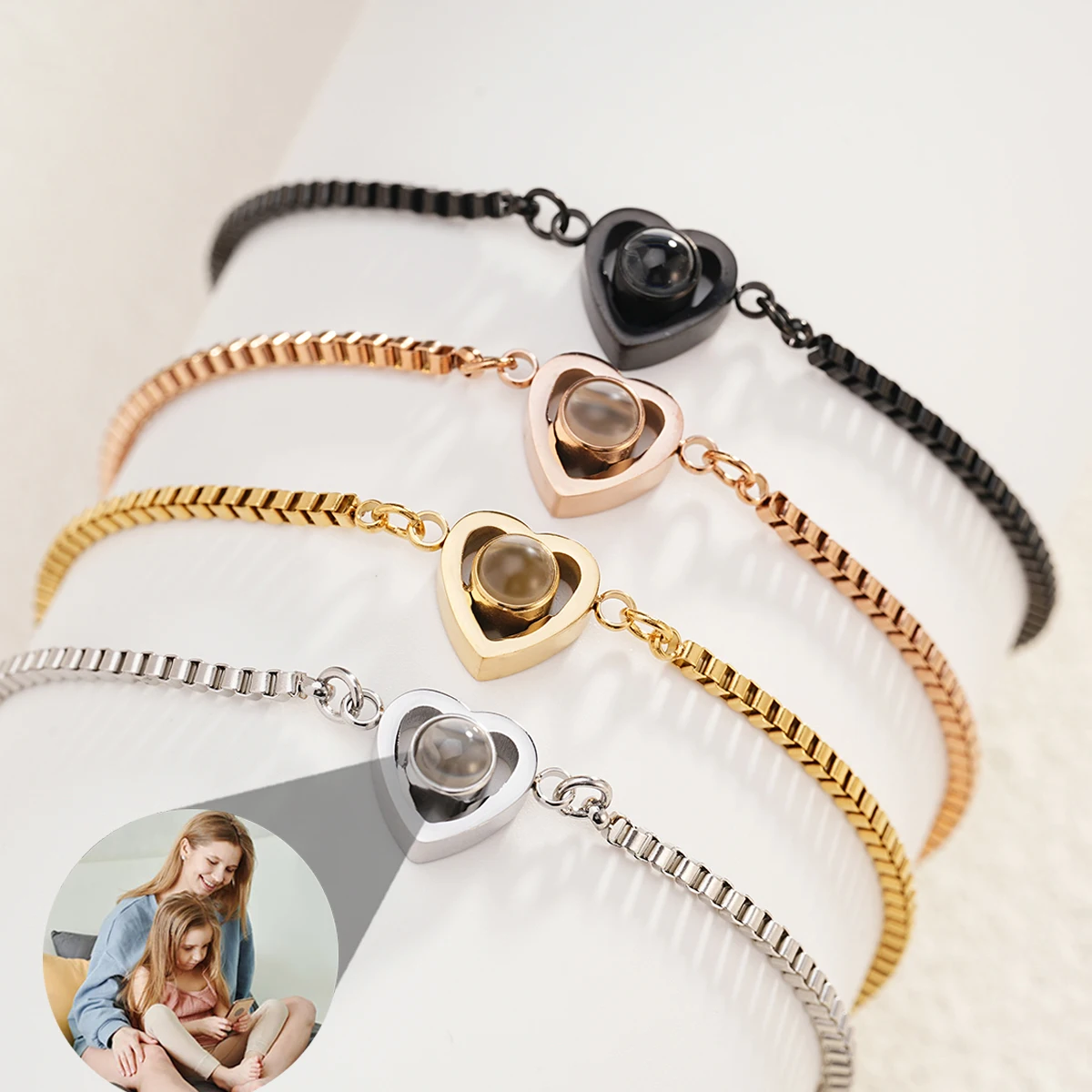 

New Stainless Steel Love Projection Bracelet Customized Heart shaped Photo Adjustable Box Chain Projection Bracelet Women's