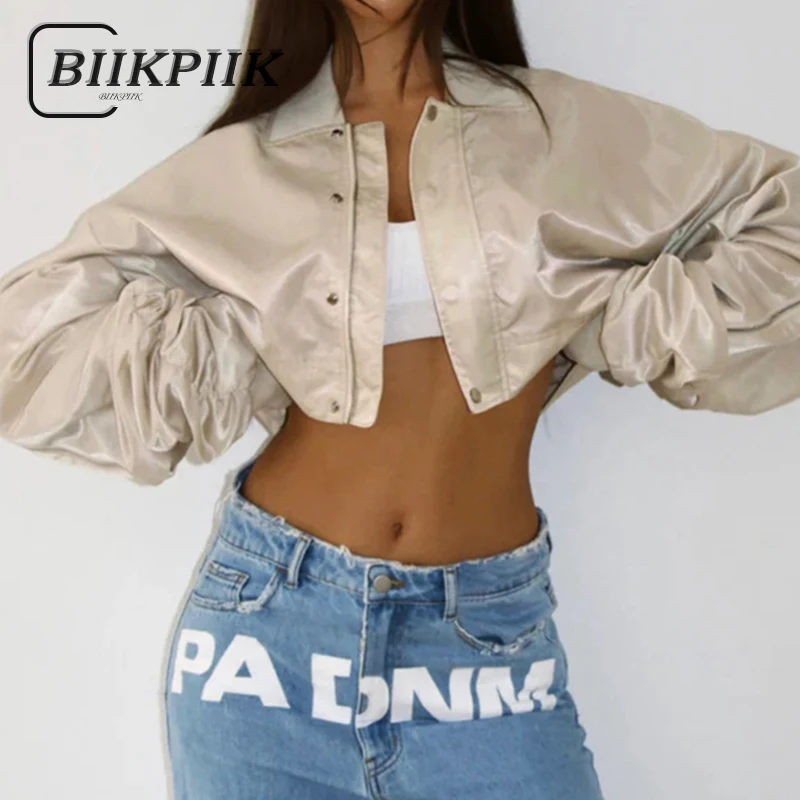 

BIIKPIIK Moto&biker Zipper Jackets Streetwear Workwear Women Coats Casual All-match Solid Short Jacket Autumn Winter Fashion Top