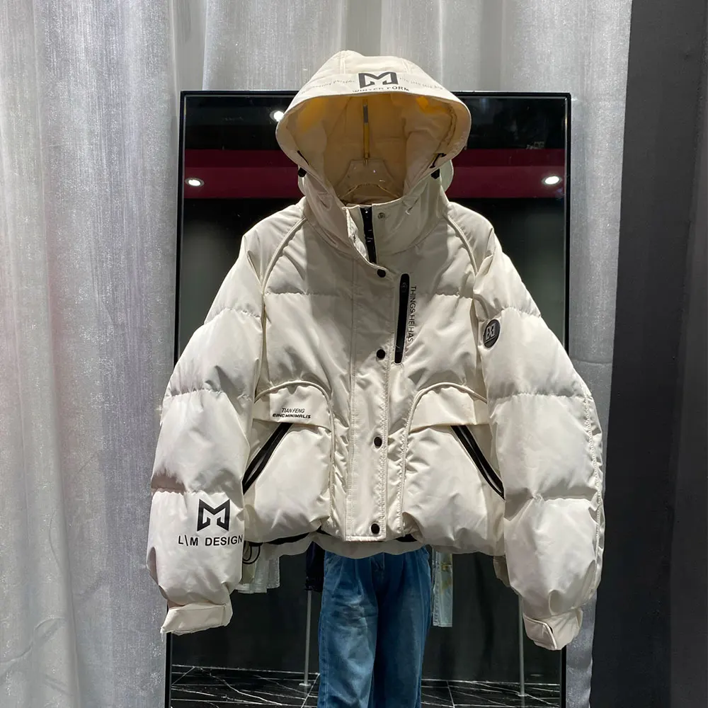 Abrigo de plumón de pato blanco para mujer, abrigo hinchado Vintage, Parkas cortas con capucha, chaquetas cálidas gruesas informales para mujer