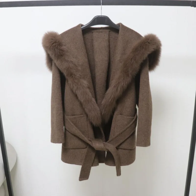 

2026 Autumn/Winter Spring New Cashmere Woolen Coat Navy Lapel Fox Fur Collar Trench Coat Double-Faced Wool Jacket Medium-Length