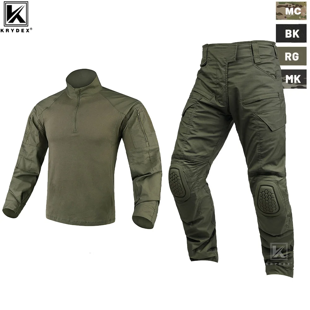 KRYDEX Combat Uniform Suit Tactical Shirt & Pants Knee Pads Hunting Men Clothing Camouflage Set Camo Ranger Green