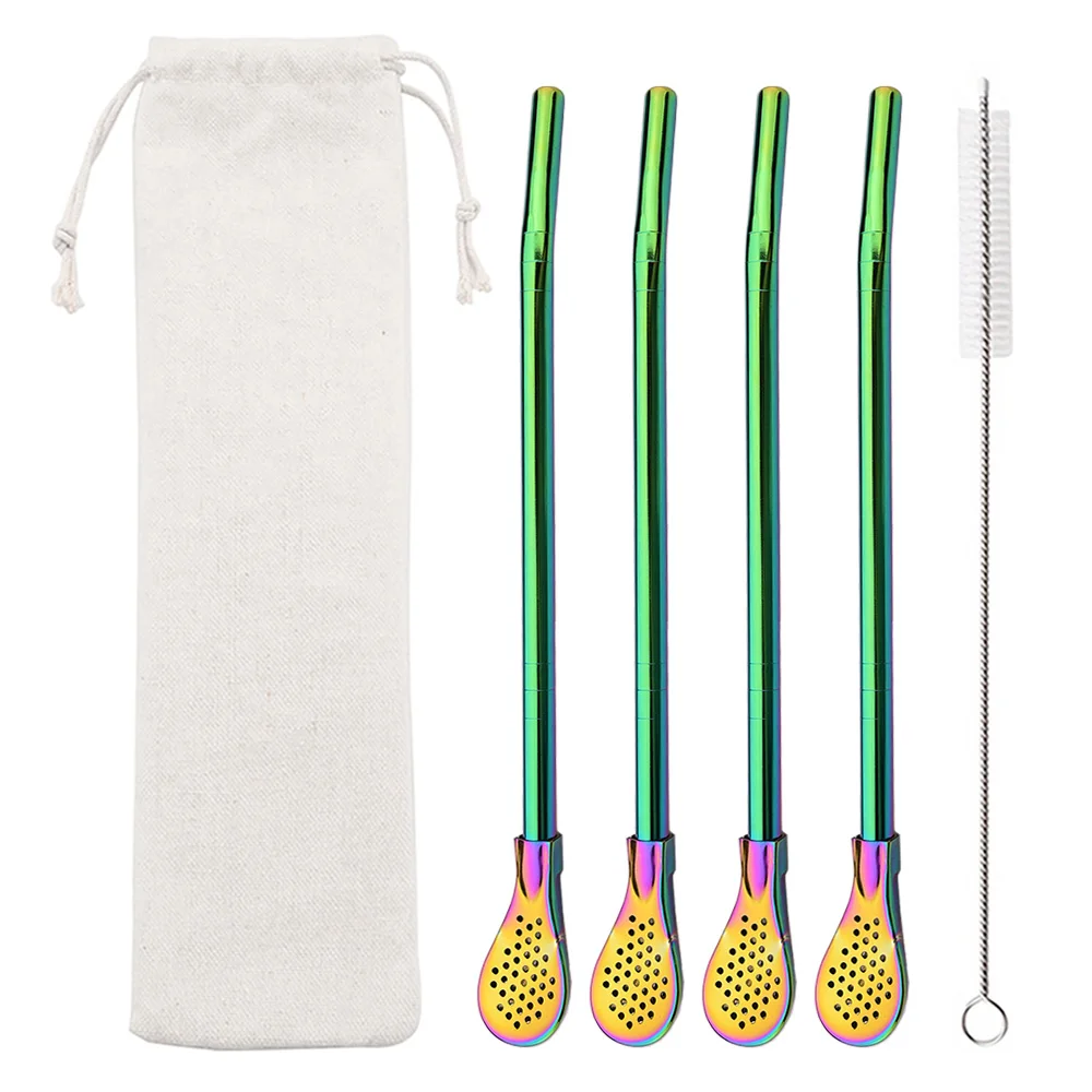 Paja de filtro Bombilla de acero inoxidable, cuchara de paja, filtro de té, Yerba Mate, cuchara de paja para revolver, accesorios de Bar reutilizables, 6 uds.