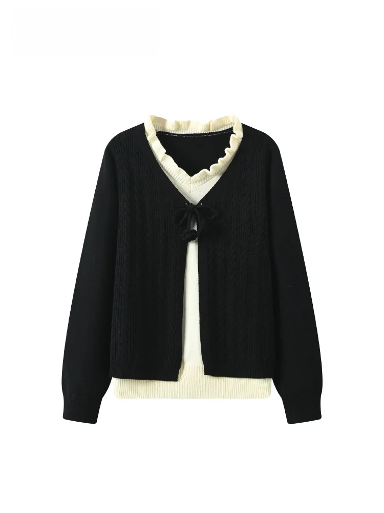 

plus Size Women's Knitwear V-Ne Long Sve Loose Fit Faion Splicing Mo Two-Piece Top Luxury Sle Autumn Season Regula...
