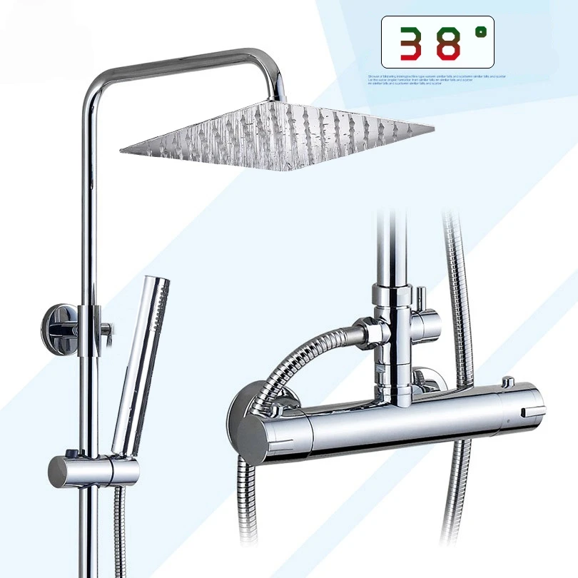 

Хромированный термостатический смеситель для душа в ванной комнате, двойная ручка для дождя, 8 дюймов, насадка для душа из нержавеющей стали, настенные смесители для душа