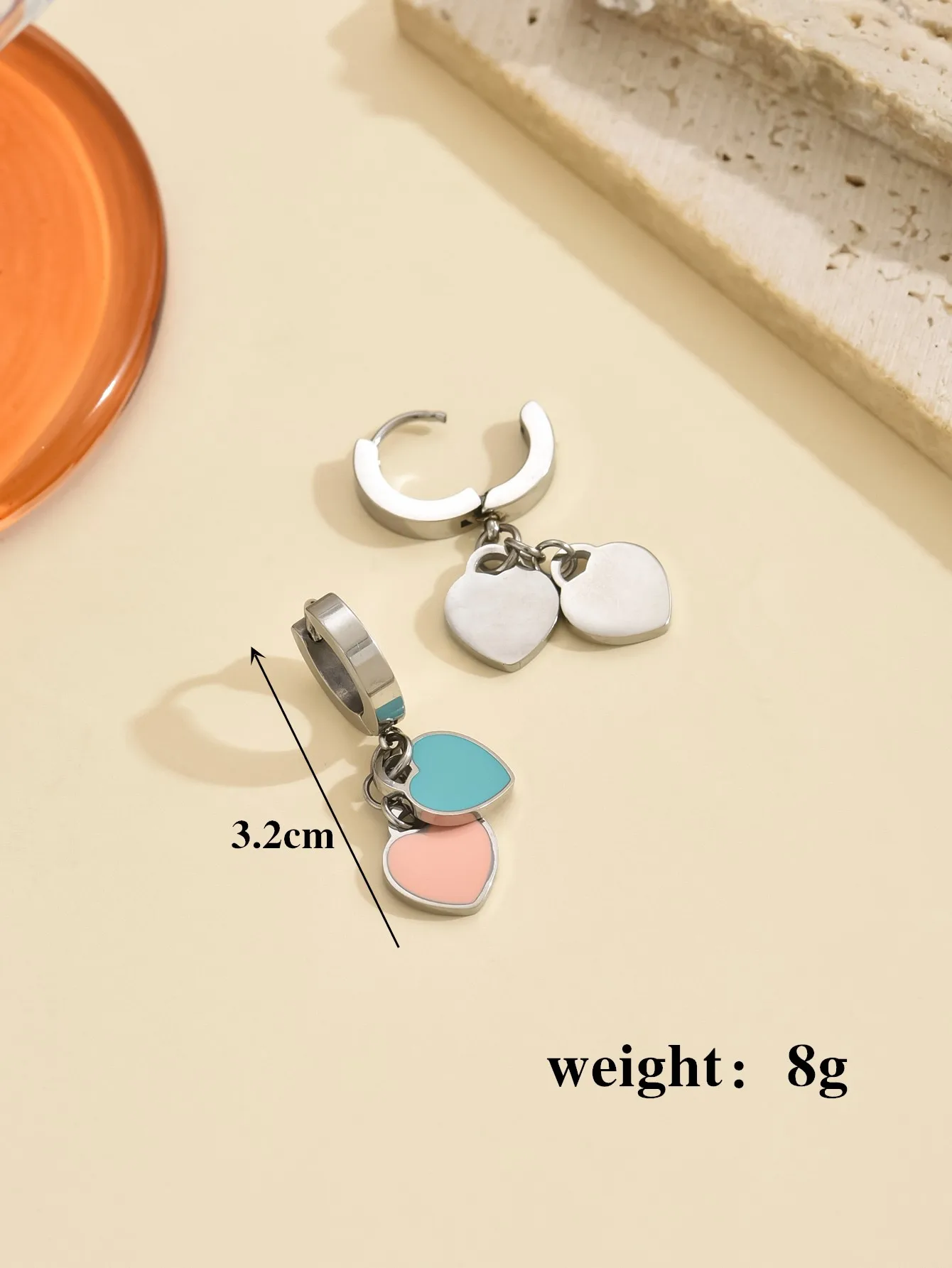 Love earrings female pink blue enamel double love pendant earrings