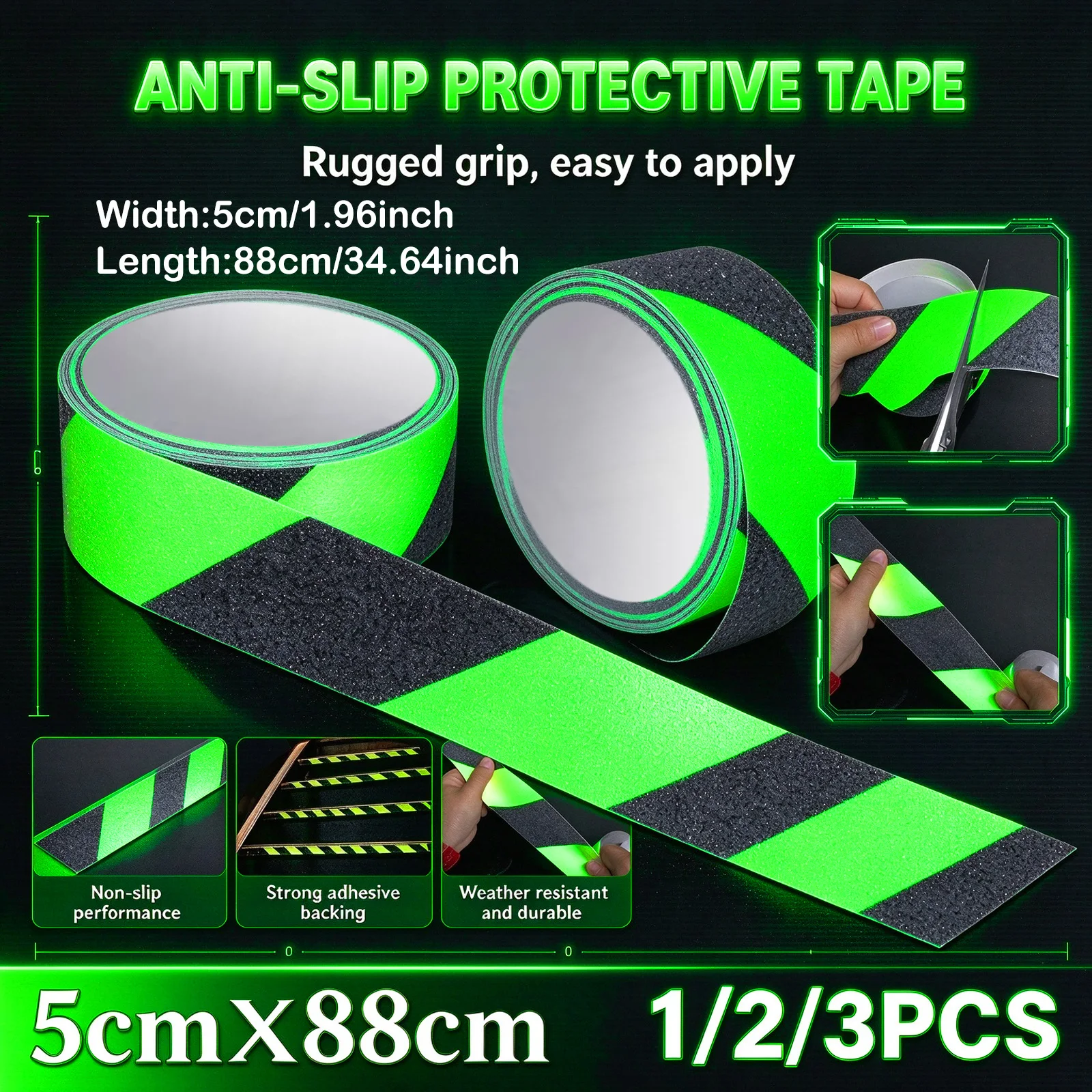 Luminous Tape Green Black Warning Ground Light Storage Stair Anti-Slip Sticker Reflective Fluorescent Tape