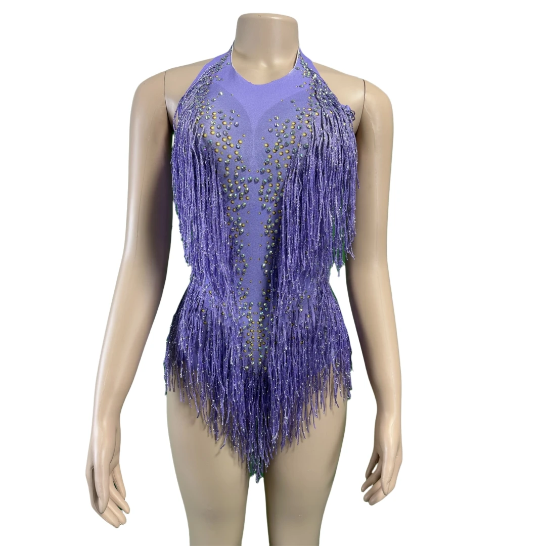 

Sexy Backless Purple Rhinestone Tassel Bodysuits For Women Royal Blue Dance Carnival Stage Wear Mardi Gras Shinning Latin Outfit