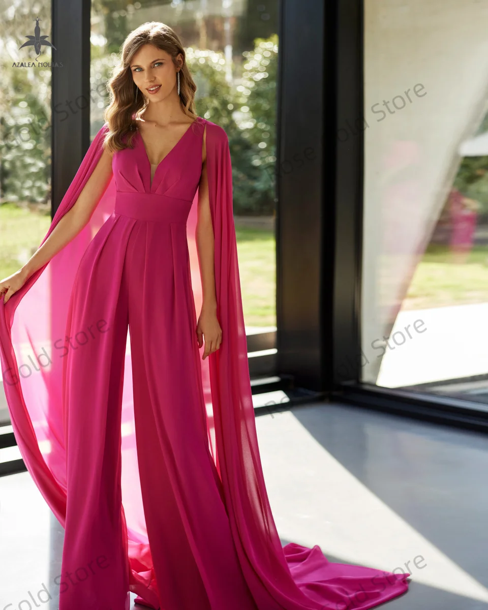 Elegante Fuchsia Galajurken voor Vrouwen V-hals Mouwloze Outfit Suits Ruches Tiere Robes de Soiree voor Feest Aangepast