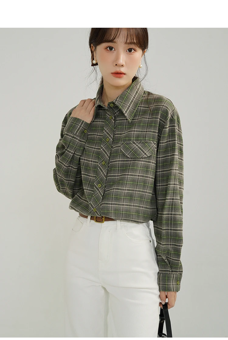 女性レディレトロチェック柄シャツルーズ起毛ブラウスターンダウンカラースプリングアウタースタイルシックなカラーコントラストデイリーレイヤリングトップ