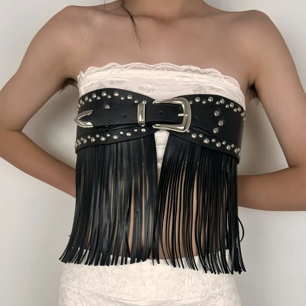 

Simple Black Rrivet Belt Spicy Girl Width Skirt Decoration Jeans Decor Korean Style Pu Tassel Waistbands Female/Girls