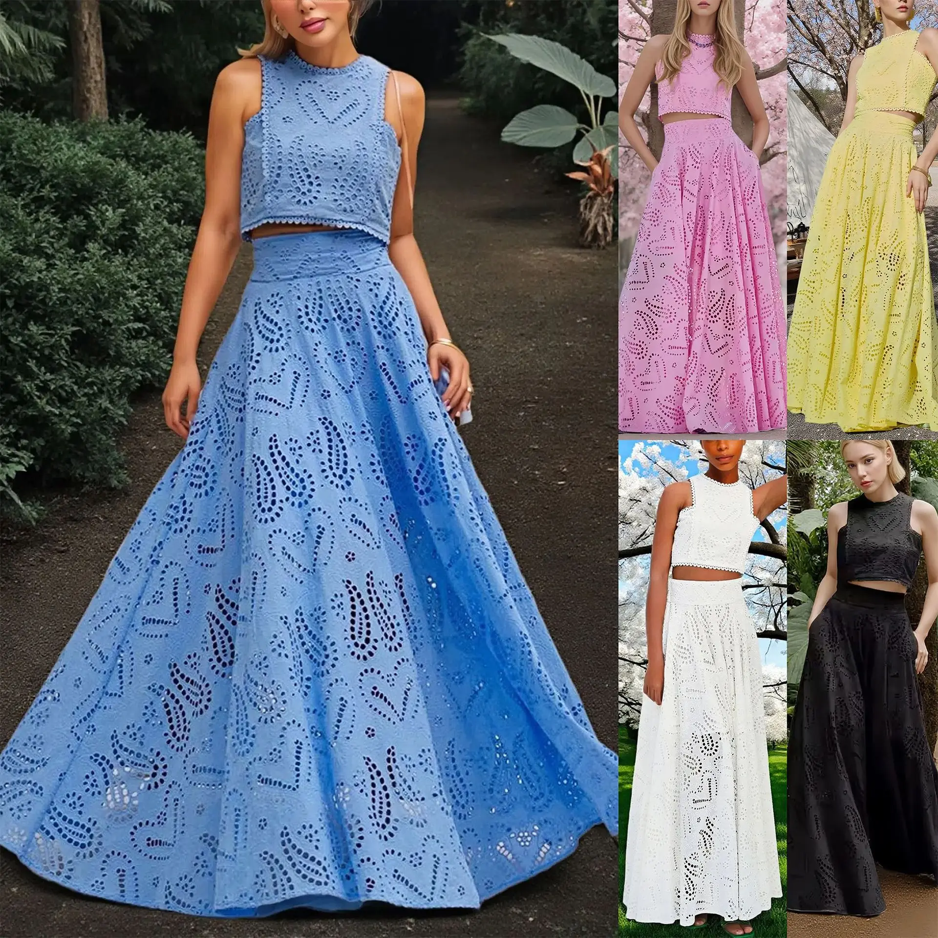 

Casual Fashion Women's Long Dress Two-Piece Set Pocketless Sleeveless Skirt And Top Set Korean Style Summer Collection