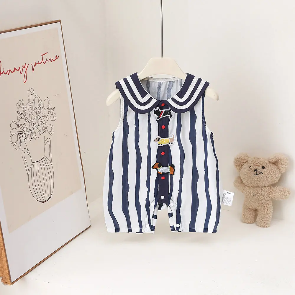 Infant and Toddler Summer Thin Woven Pure Cotton Sleeveless One-Piece Romper for Boys and Girls, Cartoon Cute, Sweat-Absorbent and Breathable