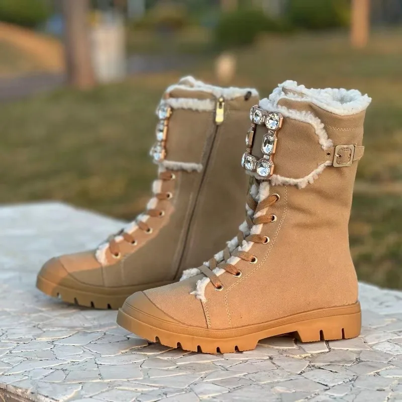 Fashion Women Shoes Luxury Rhinestone Mid Calf Boots for Woman Exquisite Wool Ultra Warm Snow Boot Designer Shoes Botas Feminina