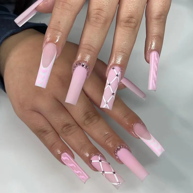 24 pieces per box of long ballet manicure tablets, pink and tender texture, shiny broken diamond fake nails, wholesale popular hot-selling manicure tablets